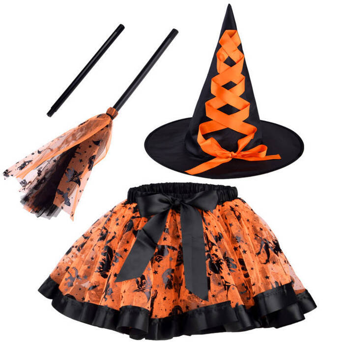 Zestaw Czarownica Wiedźma halloween (spódniczka, kapelusz, miotła)
