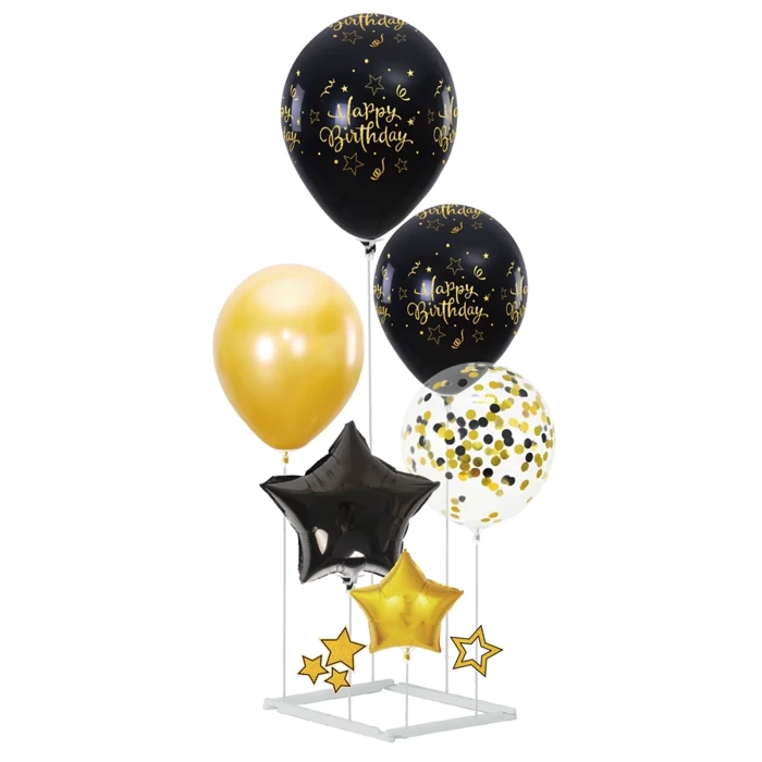 Zestaw balonów Happy Birthday czarno-złote 6szt. ze stojakiem DIY