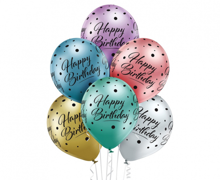 Balony lateksowe Happy Birthday kropki chrome 6 szt. mix