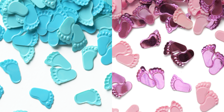 Konfetti foliowe 15g niebieskie lub różowe stópki Baby Shower