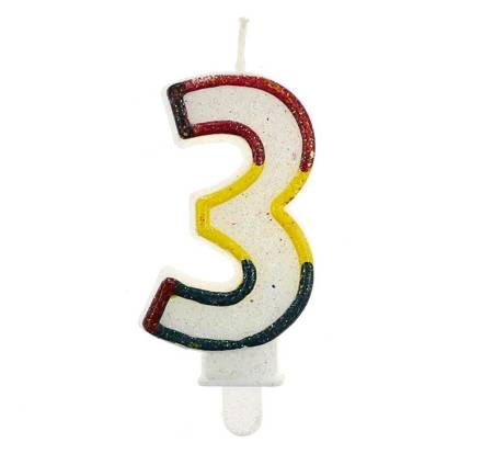 Świeczka urodzinowa "3" brokatowa kolorowa